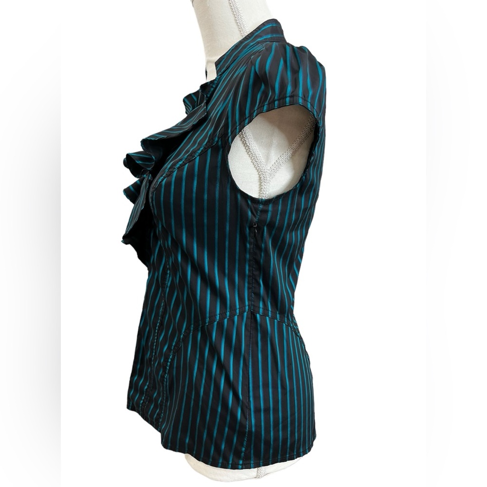 Express Elite Teal Stripe Ruffle Blouse Career Top Y2K Stretch Small - Picture 5 of 6